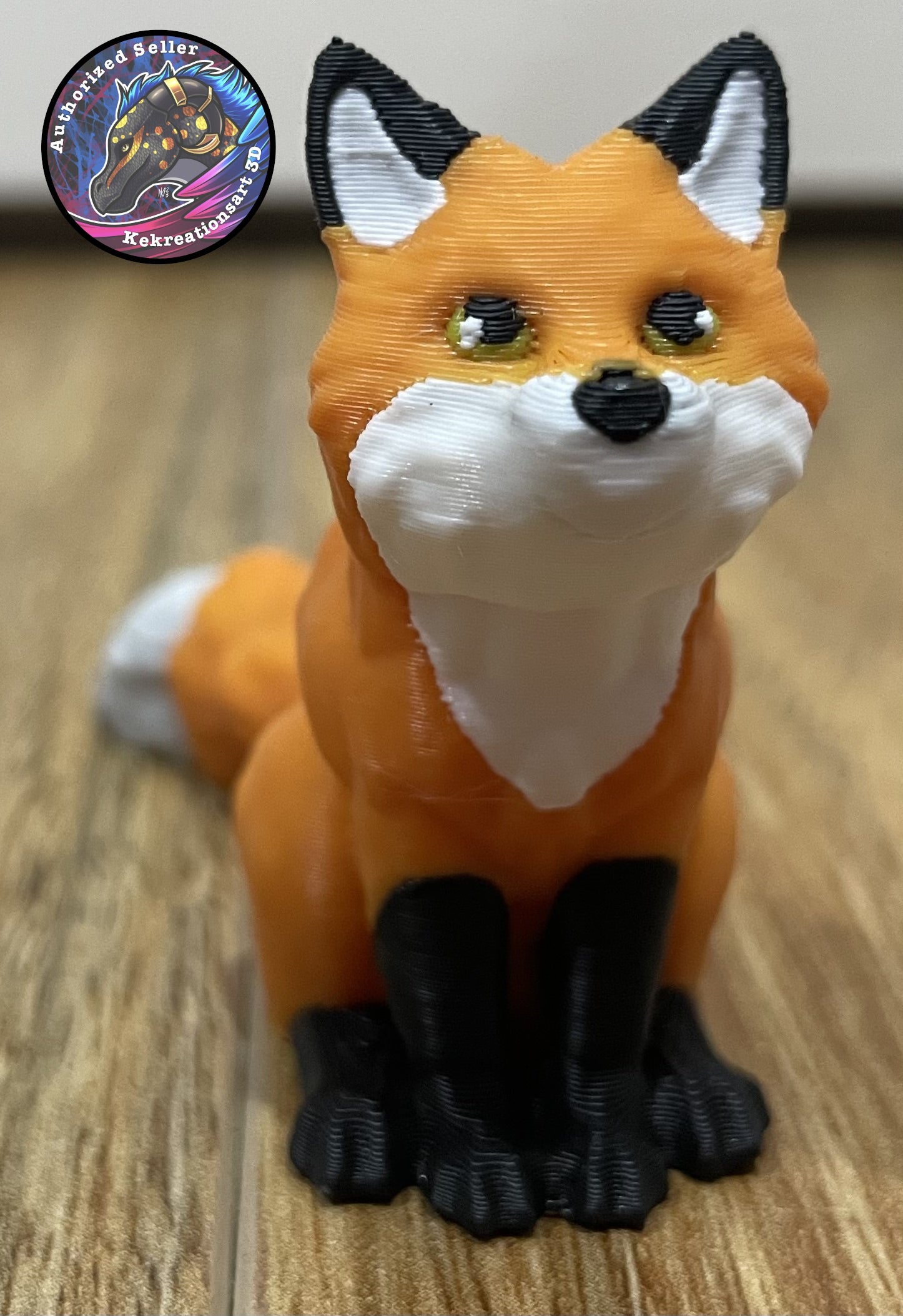 3D-printed fox figurine on a wooden surface