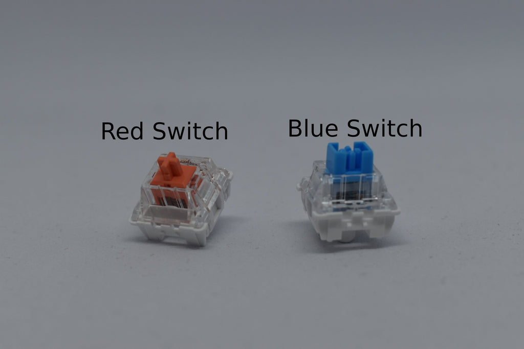 Red and blue keycap switches on a white background