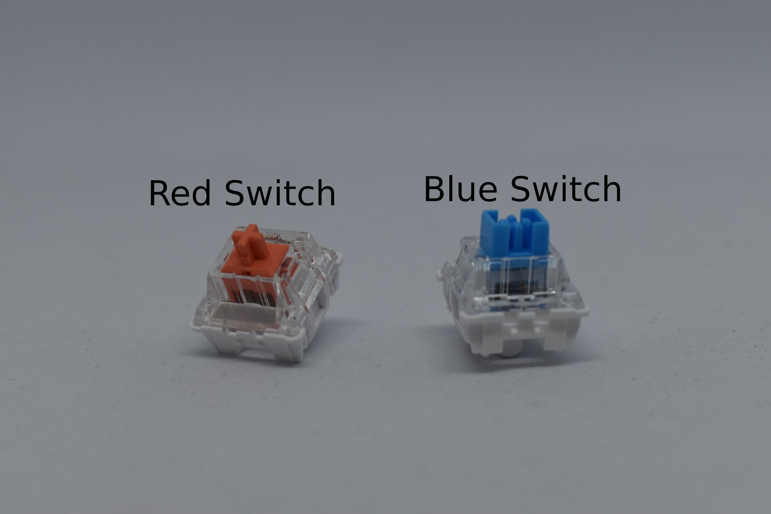 Red and blue keycap switches on a white background