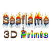 3D printing company logo with 'Seafame 3D Prints' text and flame graphics. 'Seaflame' has flames coming out of the top with water droplets on the bottom. '3D' has a 3D effect to it while 'Prints' is being 3D printed with the 'P' and 'I' being printed